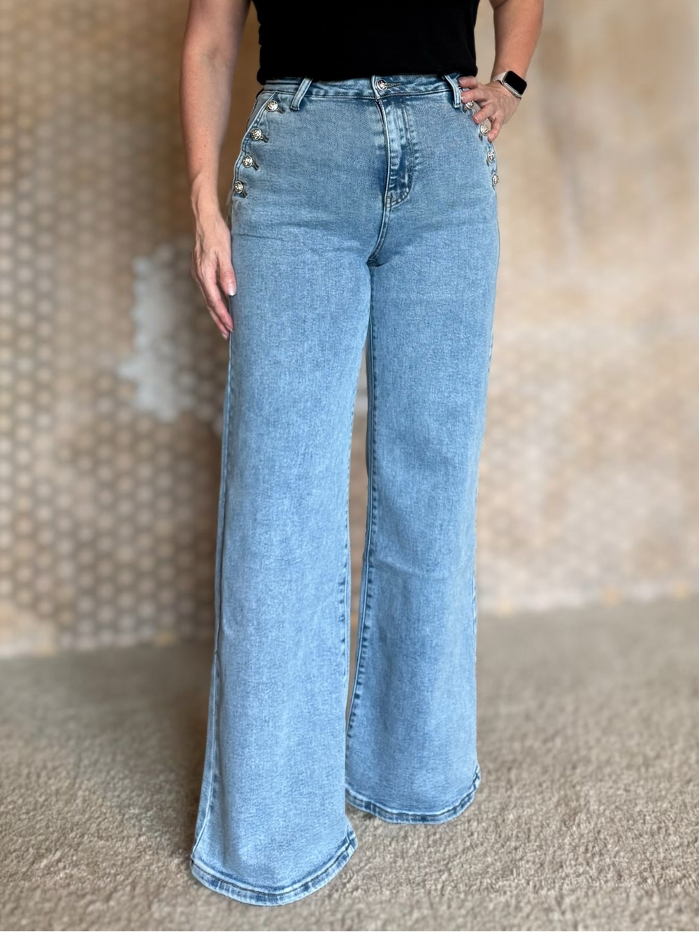 High-Rise Light Blue Wide-Leg Jeans with Side Button Detail